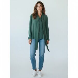 Tory Burch Green Silk Fringe Neck Tie Blouse Size 4